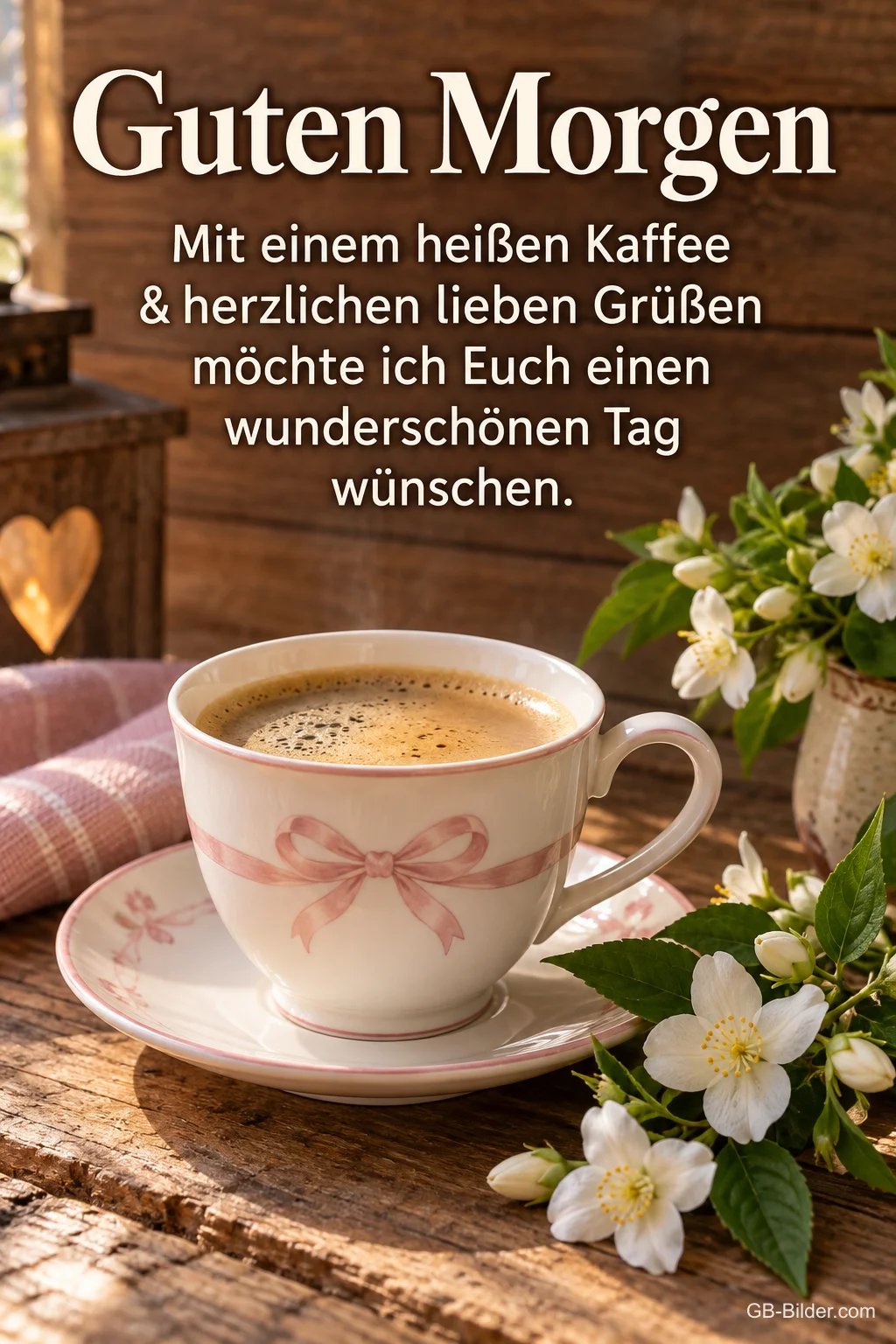 Kaffeetasse mit rosa Schleife neben Jasminblüten, Text: Guten Morgen – Mit einem heißen Kaffee & herzlichen lieben Grüßen möchte ich Euch einen wunderschönen Tag wünschen.
