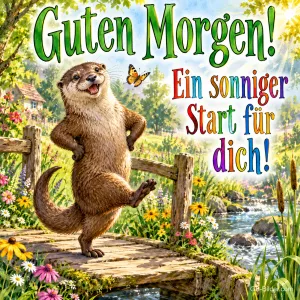 Otter tanzt auf einem Holzsteg am Bach, Text: Guten Morgen! Ein sonniger Start für dich!