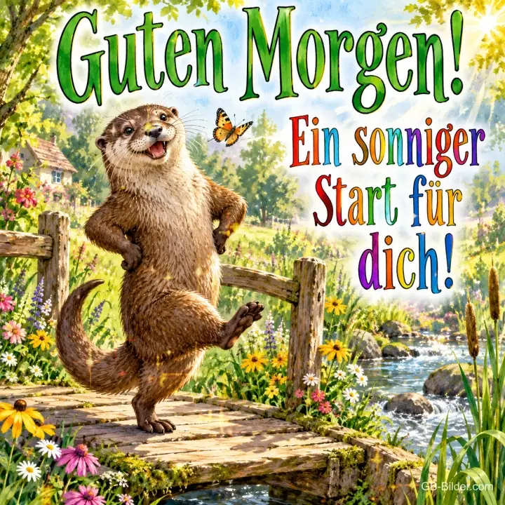 Otter tanzt auf einem Holzsteg am Bach, Text: Guten Morgen! Ein sonniger Start für dich!