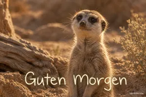 Erdmännchen steht aufrecht im warmen Licht, Text: Guten Morgen
