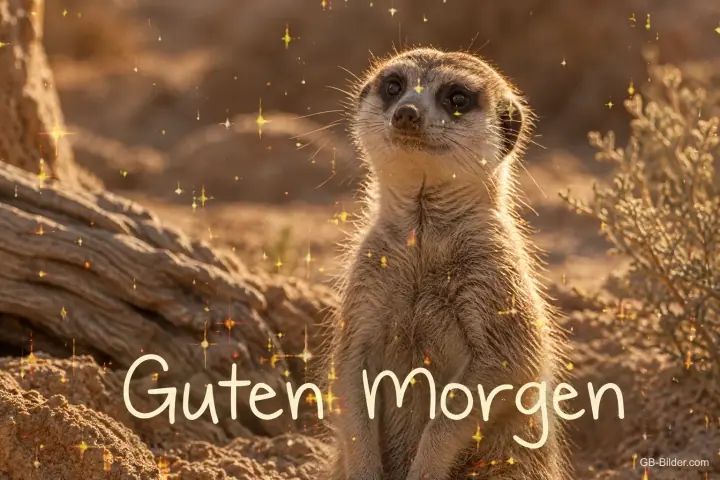 Erdmännchen steht aufrecht im warmen Licht, Text: Guten Morgen