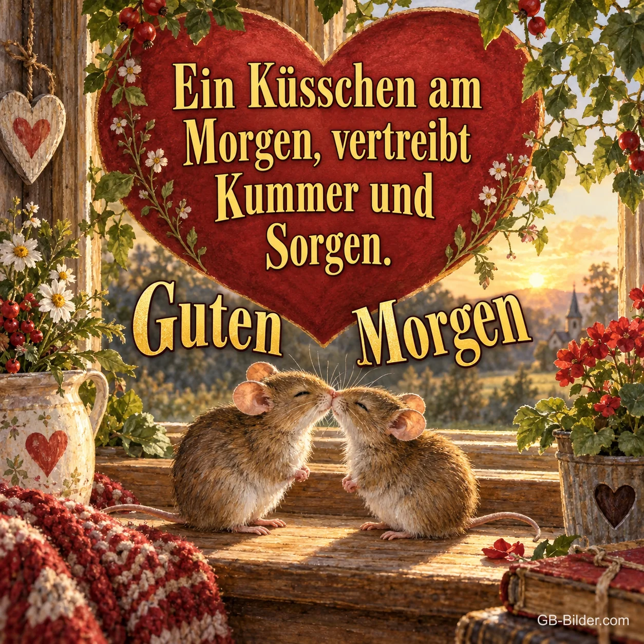 Zwei Mäuse geben sich ein Küsschen auf der Fensterbank, Text: Ein Küsschen am Morgen, vertreibt Kummer und Sorgen. Guten Morgen