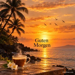 Teetasse mit Frangipani vor einem Sonnenaufgang mit Palmen, Text: Guten Morgen