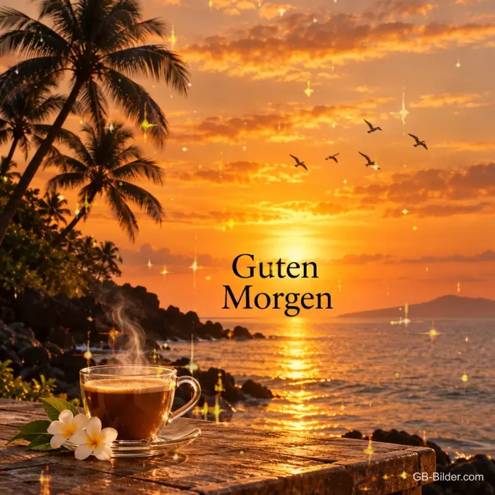 Teetasse mit Frangipani vor einem Sonnenaufgang mit Palmen, Text: Guten Morgen