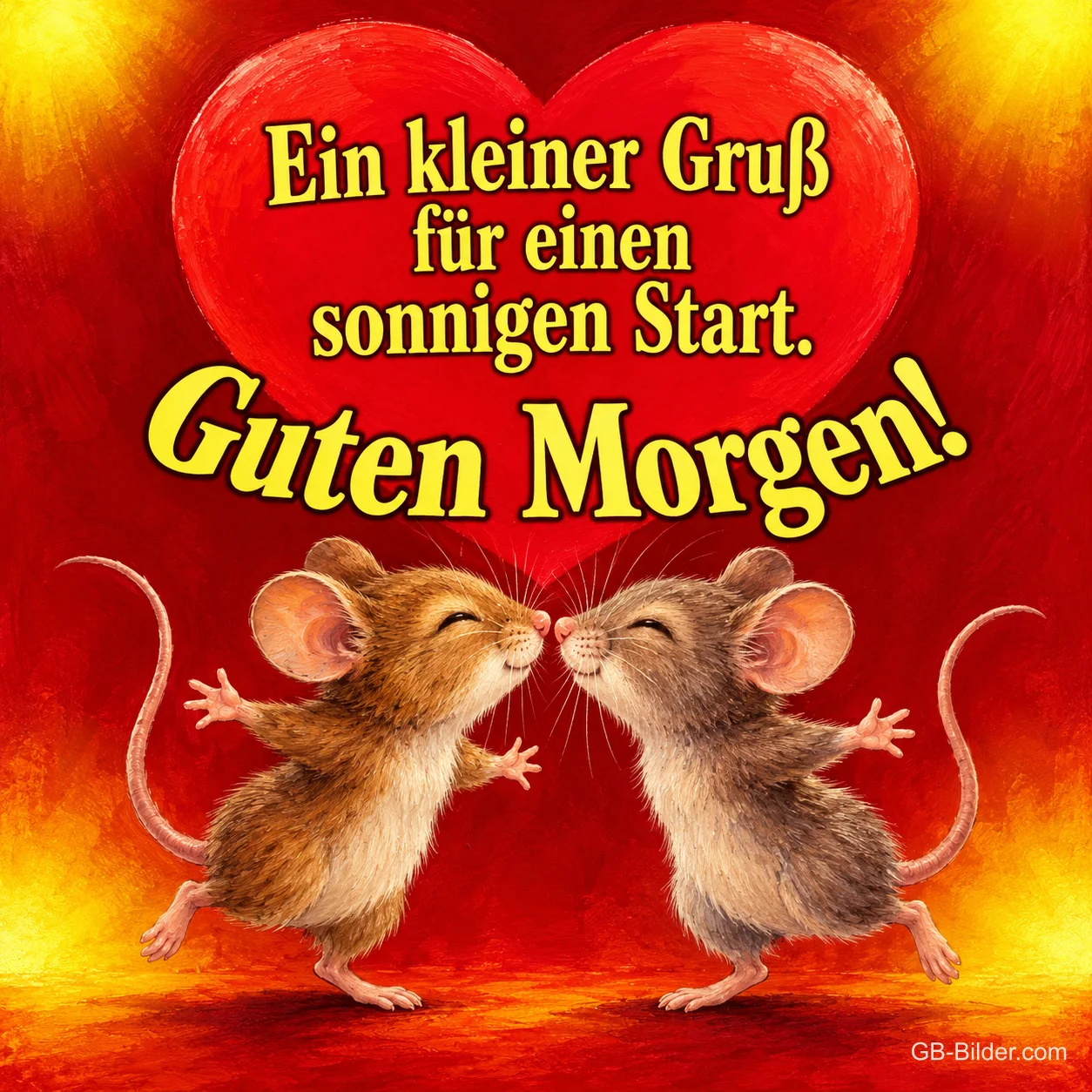 Zwei Mäuse geben sich vor einem roten Herz einen Kuss, Text: Guten Morgen! Ein kleiner Gruß für einen sonnigen Start.