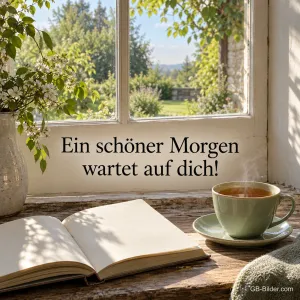 Tee und Buch am Fenster, Text: Ein schöner Morgen wartet auf dich