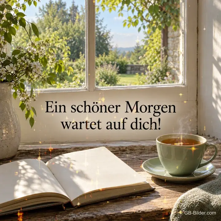 Tee und Buch am Fenster, Text: Ein schöner Morgen wartet auf dich