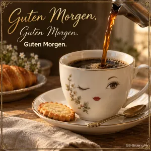 Kaffee wird in eine Tasse mit zwinkerndem Gesicht gegossen, Text: Guten Morgen. Guten Morgen. Guten Morgen.