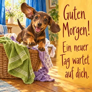Dackelwelpe springt fröhlich aus einem Wäschekorb im sonnigen Zimmer, Text: Guten Morgen! Ein neuer Tag wartet auf dich.