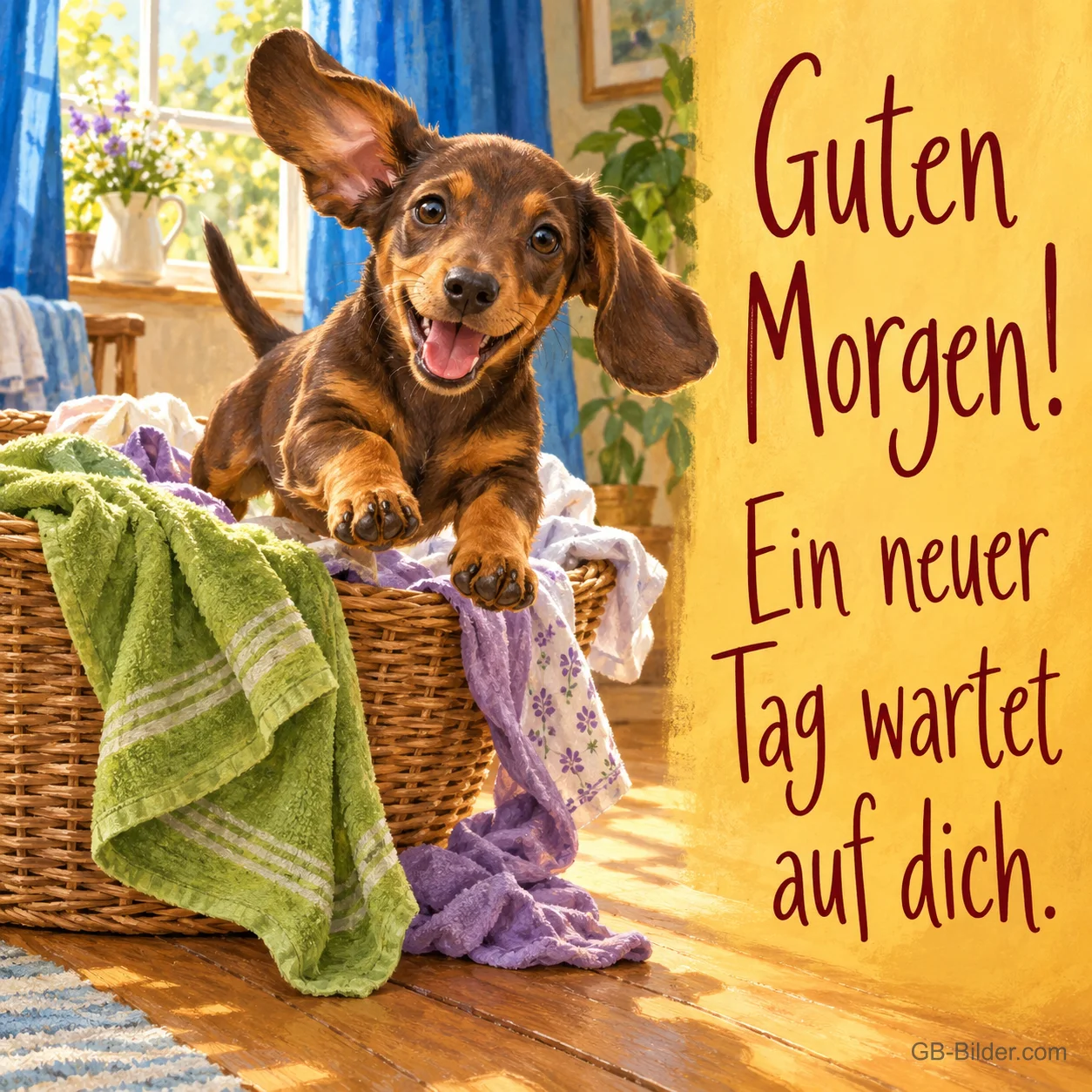 Dackelwelpe springt fröhlich aus einem Wäschekorb im sonnigen Zimmer, Text: Guten Morgen! Ein neuer Tag wartet auf dich.