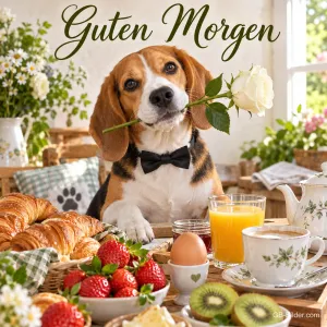 Beagle mit Fliege und weißer Rose am reich gedeckten Frühstückstisch, Text: Guten Morgen