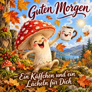 Lachender Fliegenpilz hält eine Kaffeetasse im Herbstwald, Text: Guten Morgen – Ein Käffchen und ein Lächeln für Dich