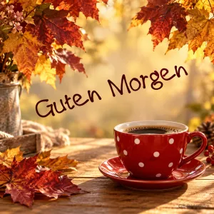 Rote Tasse mit weißen Punkten zwischen Herbstlaub, Text: Guten Morgen