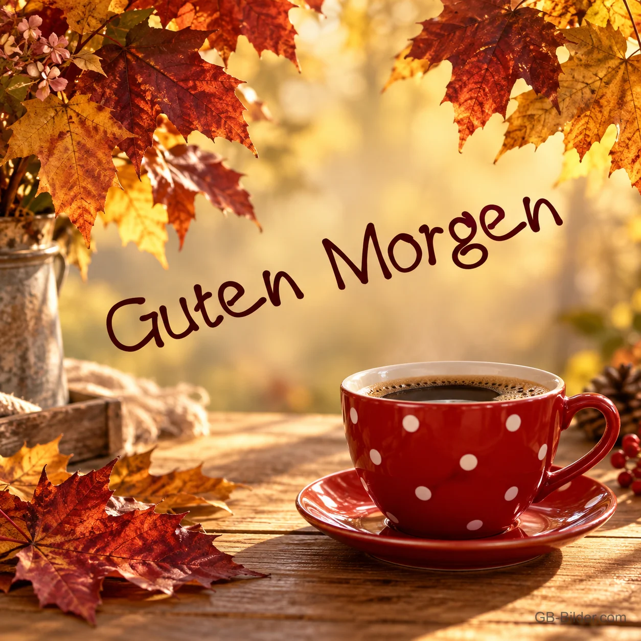 Rote Tasse mit weißen Punkten zwischen Herbstlaub, Text: Guten Morgen