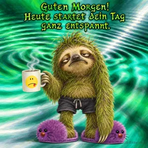Faultier in Shorts und lila Hausschuhen mit Kaffeetasse vor grünem Wirbel, Text: Guten Morgen! Heute startet dein Tag ganz entspannt.