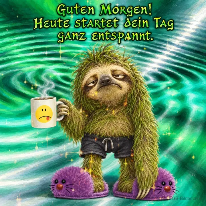 Faultier in Shorts und lila Hausschuhen mit Kaffeetasse vor grünem Wirbel, Text: Guten Morgen! Heute startet dein Tag ganz entspannt.
