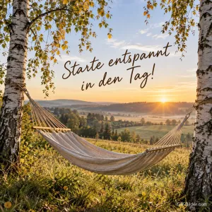 Hängematte über der Landschaft, Text: Starte entspannt in den Tag