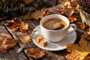 Kaffeetasse mit Zuckerwürfeln auf Herbstlaub, Text: Guten Morgen!