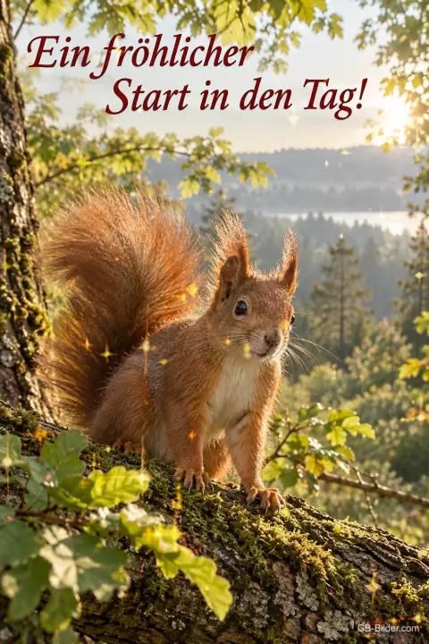 Eichhörnchen über dem Tal, Text: Ein fröhlicher Start in den Tag