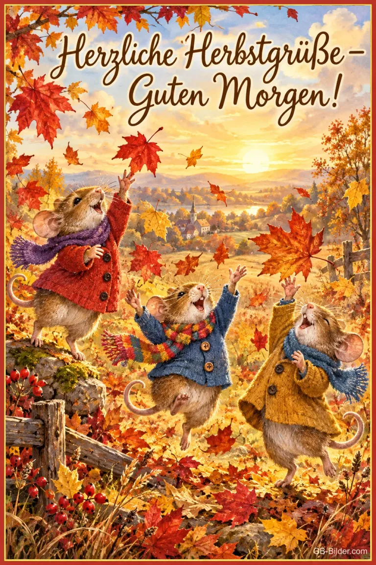 Drei Mäuse in Jacken springen jubelnd durch fallendes Herbstlaub, Text: Herzliche Herbstgrüße – Guten Morgen!