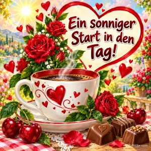 Kaffeetasse mit Herzen, rote Rosen, Kirschen und Pralinen, Text: Ein sonniger Start in den Tag!