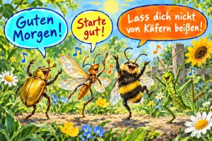 Käfer, Libelle, Hummel und Heuschrecke tanzen singend im Garten, Text: Guten Morgen! Starte gut! Lass dich nicht von Käfern beißen!