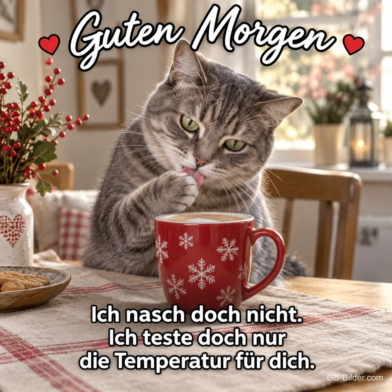 Graue Katze leckt an einer roten Tasse mit Schneeflocken, Text: Guten Morgen – Ich nasch doch nicht. Ich teste doch nur die Temperatur für dich. Graue Katze leckt an einer roten Tasse mit Schneeflocken, Text: Guten Morgen – Ich nasch doch nicht. Ich teste doch nur die Temperatur für dich.