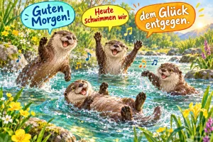Vier Otter planschen jubelnd in einem Bach, Text: Guten Morgen! Heute schwimmen wir dem Glück entgegen.