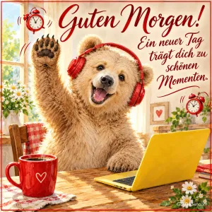Bär mit roten Kopfhörern winkt am Laptop neben einer Kaffeetasse, Text: Guten Morgen! Ein neuer Tag trägt dich zu schönen Momenten.