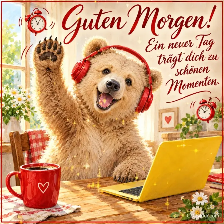 Bär mit roten Kopfhörern winkt am Laptop neben einer Kaffeetasse, Text: Guten Morgen! Ein neuer Tag trägt dich zu schönen Momenten.