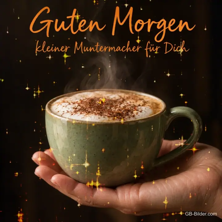 Hand hält eine grüne Tasse Cappuccino, Text: Guten Morgen – kleiner Muntermacher für Dich
