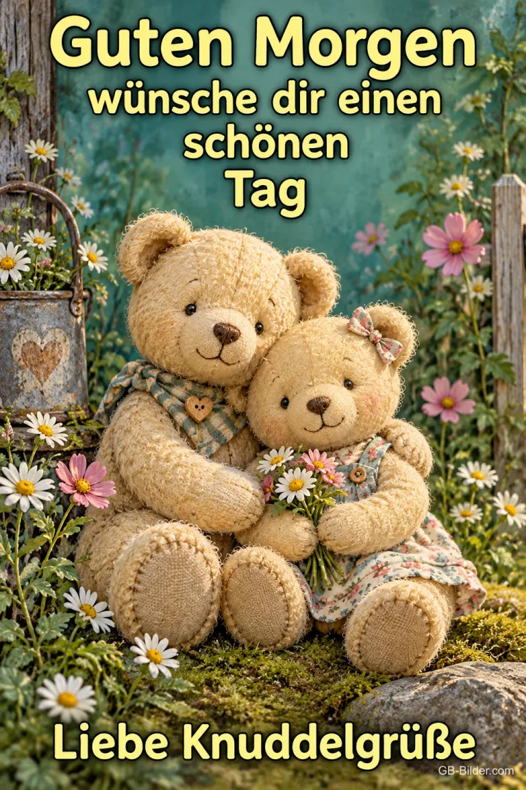 Zwei kuschelnde Teddybären zwischen Wiesenblumen, Text: Guten Morgen – wünsche dir einen schönen Tag – Liebe Knuddelgrüße