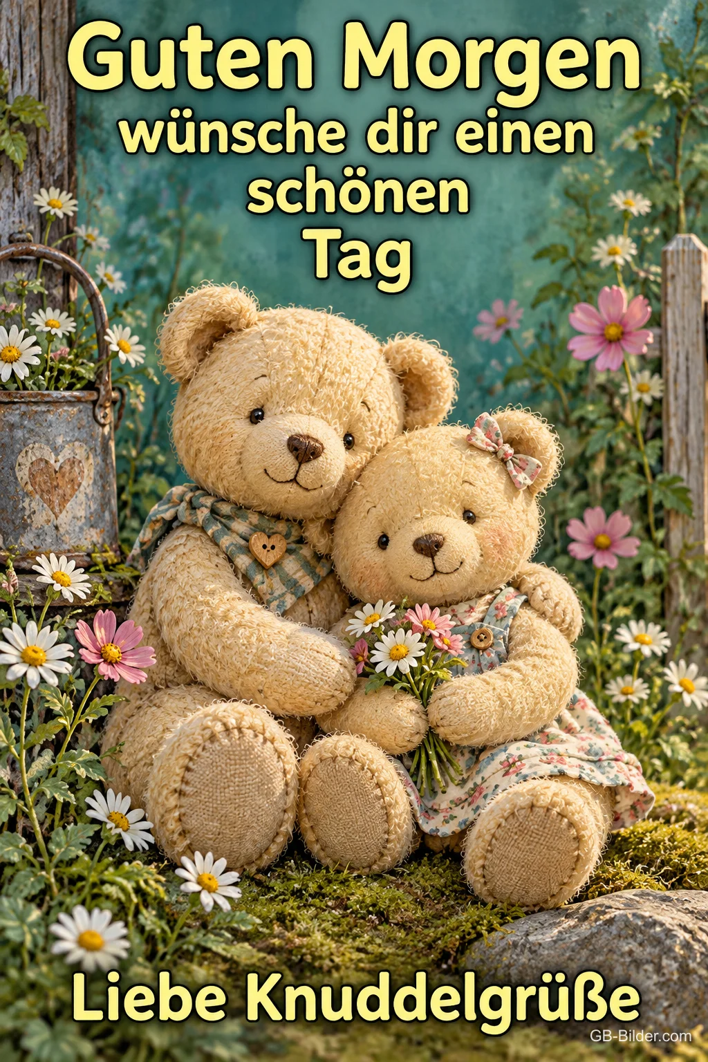 Zwei kuschelnde Teddybären zwischen Wiesenblumen, Text: Guten Morgen – wünsche dir einen schönen Tag – Liebe Knuddelgrüße Zwei kuschelnde Teddybären zwischen Wiesenblumen, Text: Guten Morgen – wünsche dir einen schönen Tag – Liebe Knuddelgrüße
