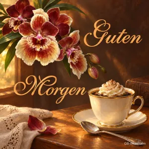 Orchideen über einer Tasse Kaffee mit Sahnehaube, Text: Guten Morgen