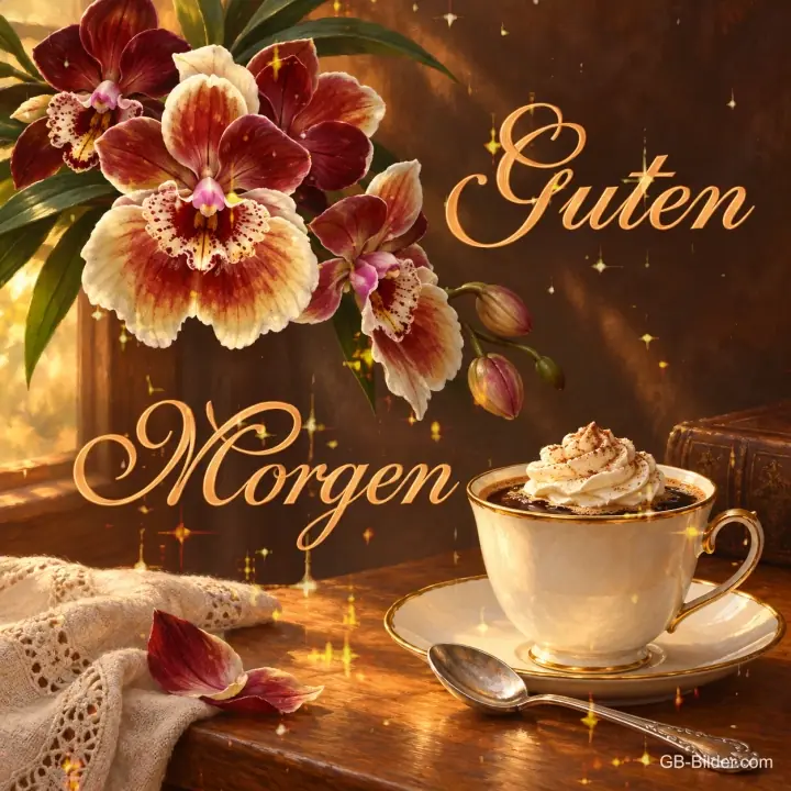 Orchideen über einer Tasse Kaffee mit Sahnehaube, Text: Guten Morgen