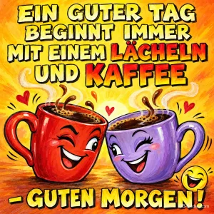 Rote und lila Kaffeetasse lachen und zwinkern sich zu, Text: EIN GUTER TAG BEGINNT IMMER MIT EINEM LÄCHELN UND KAFFEE – GUTEN MORGEN!