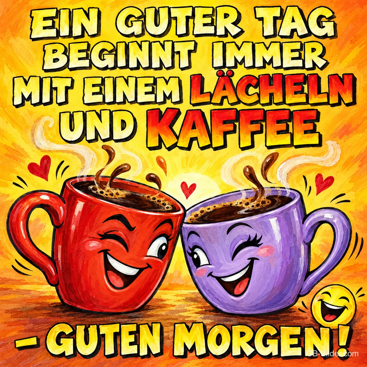 Rote und lila Kaffeetasse lachen und zwinkern sich zu, Text: EIN GUTER TAG BEGINNT IMMER MIT EINEM LÄCHELN UND KAFFEE – GUTEN MORGEN!