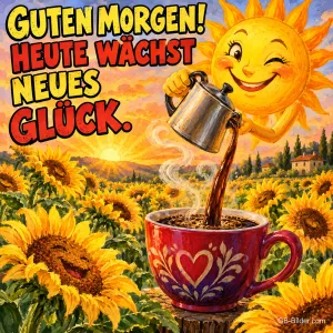 Lachende Sonne gießt Kaffee in eine Tasse über einem Sonnenblumenfeld, Text: GUTEN MORGEN! HEUTE WÄCHST NEUES GLÜCK.