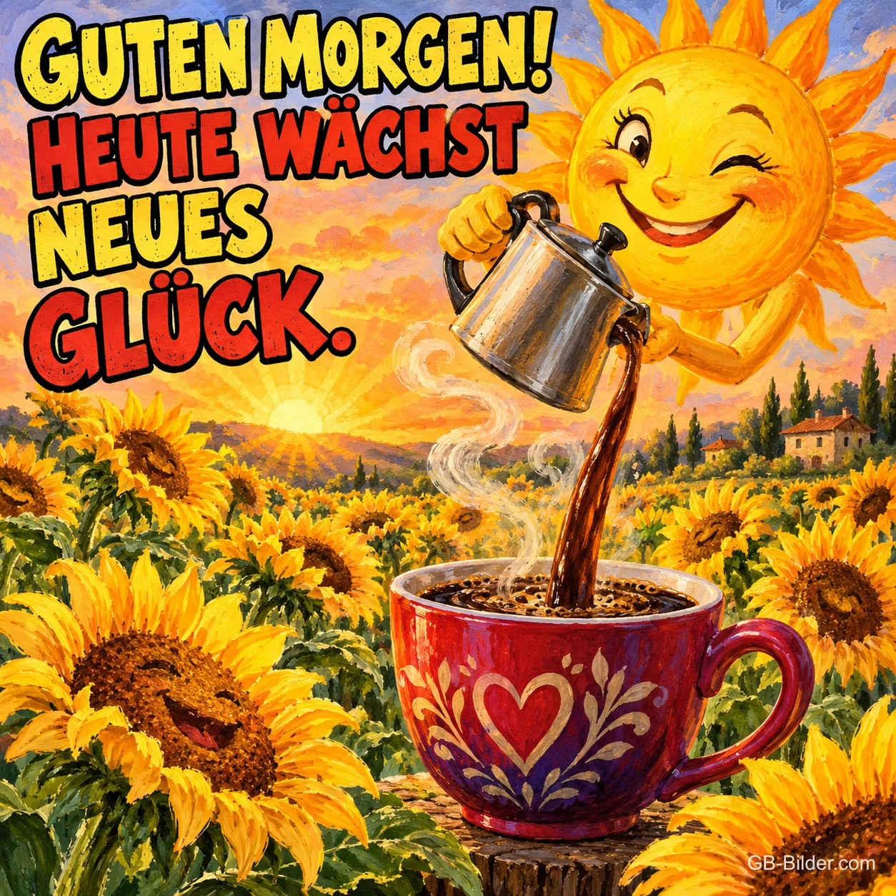 Lachende Sonne gießt Kaffee in eine Tasse über einem Sonnenblumenfeld, Text: GUTEN MORGEN! HEUTE WÄCHST NEUES GLÜCK. Lachende Sonne gießt Kaffee in eine Tasse über einem Sonnenblumenfeld, Text: GUTEN MORGEN! HEUTE WÄCHST NEUES GLÜCK.