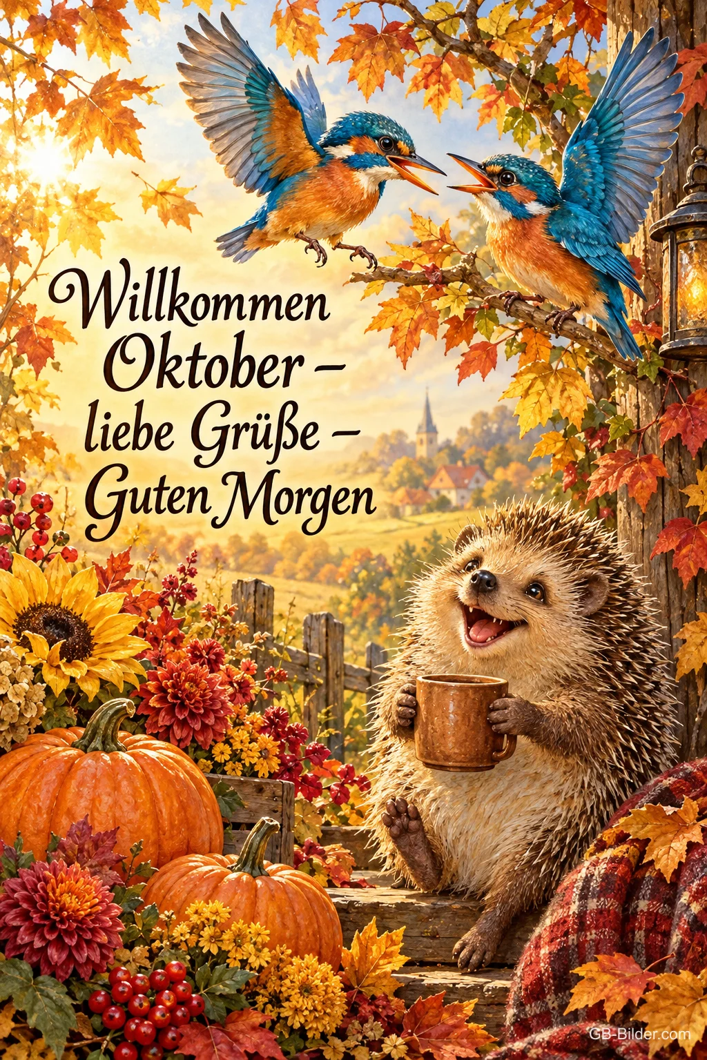 Lachender Igel mit Tasse zwischen Kürbissen, zwei Eisvögel fliegen, Text: Willkommen Oktober – liebe Grüße – Guten Morgen