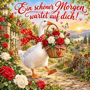 Weiße Gans mit Punkteschleife trägt einen Korb voller Rosen durch einen Garten, Text: Ein schöner Morgen wartet auf dich!