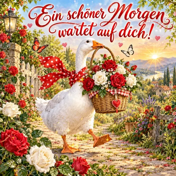 Weiße Gans mit Punkteschleife trägt einen Korb voller Rosen durch einen Garten, Text: Ein schöner Morgen wartet auf dich!