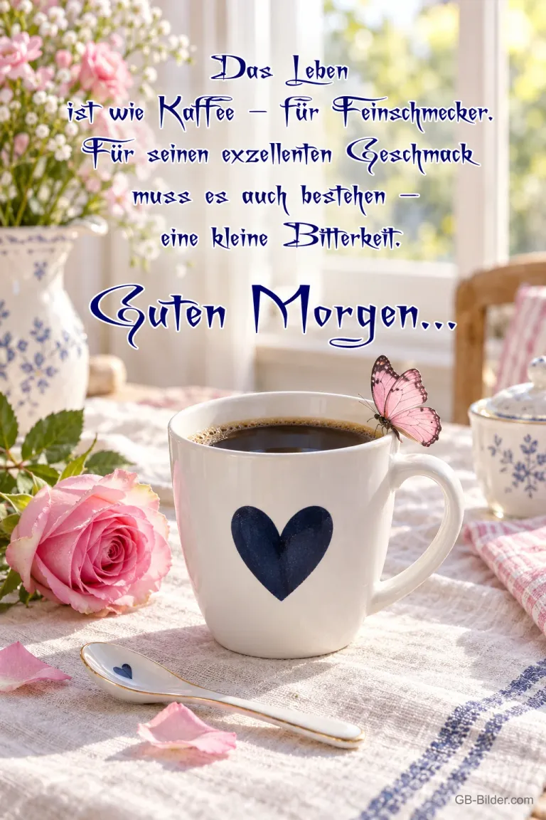 Weiße Tasse mit blauem Herz neben rosa Rosen und Schmetterling, Text: Das Leben ist wie Kaffee – für Feinschmecker. Für seinen exzellenten Geschmack muss es auch bestehen – eine kleine Bitterkeit. Guten Morgen…
