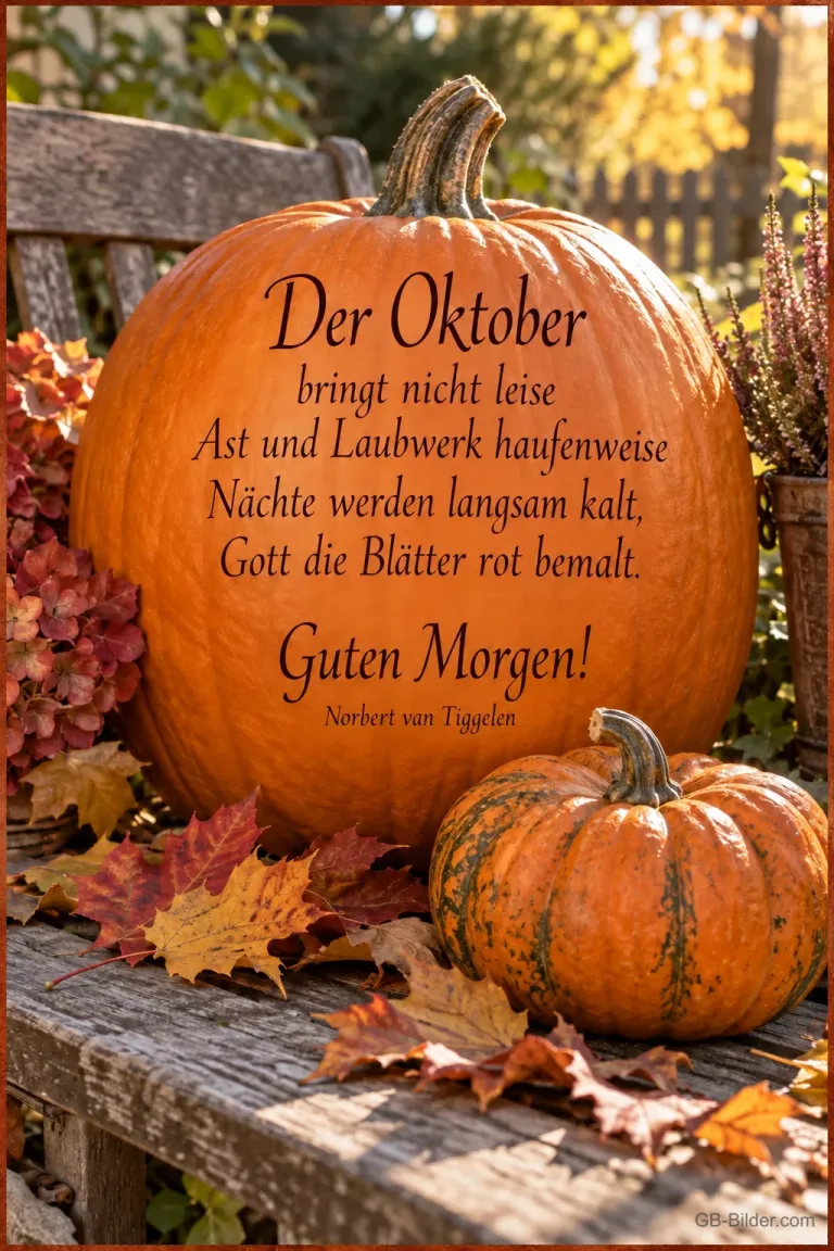 Großer Kürbis auf einer Gartenbank mit Herbstlaub, Text: Der Oktober bringt nicht leise Ast und Laubwerk haufenweise. Nächte werden langsam kalt, Gott die Blätter rot bemalt. Guten Morgen! – Norbert van Tiggelen