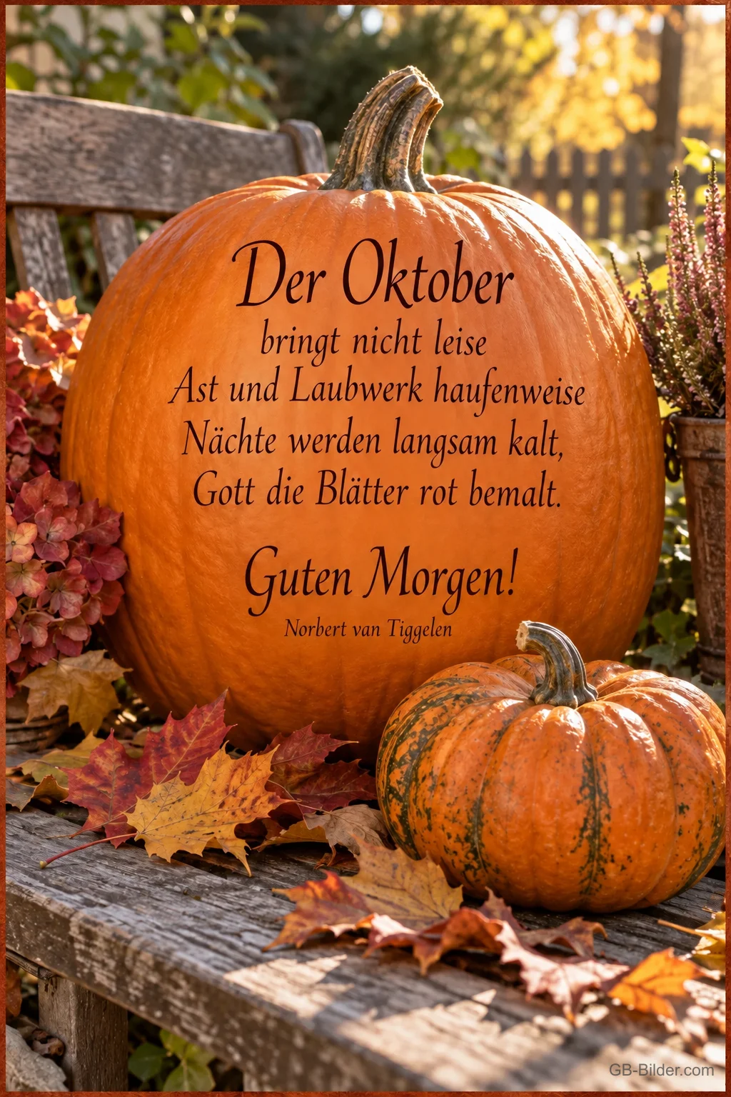 Großer Kürbis auf einer Gartenbank mit Herbstlaub, Text: Der Oktober bringt nicht leise Ast und Laubwerk haufenweise. Nächte werden langsam kalt, Gott die Blätter rot bemalt. Guten Morgen! – Norbert van Tiggelen Großer Kürbis auf einer Gartenbank mit Herbstlaub, Text: Der Oktober bringt nicht leise Ast und Laubwerk haufenweise. Nächte werden langsam kalt, Gott die Blätter rot bemalt. Guten Morgen! – Norbert van Tiggelen