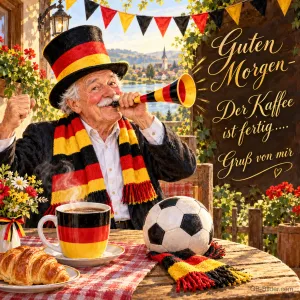 Opa mit Zylinder und Schal in Schwarz-Rot-Gold bläst eine Tröte am Frühstückstisch, Text: Guten Morgen – Der Kaffee ist fertig…. Gruß von mir