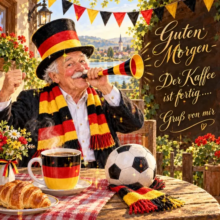 Opa mit Zylinder und Schal in Schwarz-Rot-Gold bläst eine Tröte am Frühstückstisch, Text: Guten Morgen – Der Kaffee ist fertig…. Gruß von mir