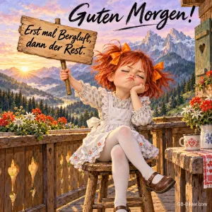 Mädchen mit Schild sitzt schmollend auf einem Balkon vor den Bergen, Text: Guten Morgen! Erst mal Bergluft, dann der Rest.