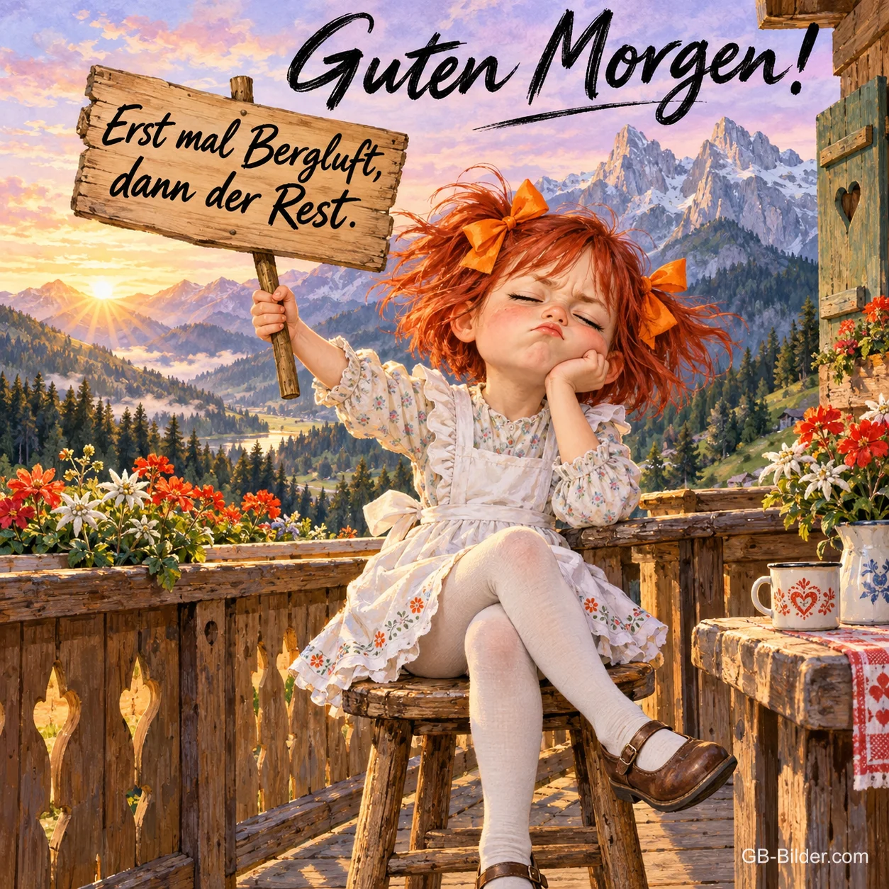Mädchen mit Schild sitzt schmollend auf einem Balkon vor den Bergen, Text: Guten Morgen! Erst mal Bergluft, dann der Rest. Mädchen mit Schild sitzt schmollend auf einem Balkon vor den Bergen, Text: Guten Morgen! Erst mal Bergluft, dann der Rest.