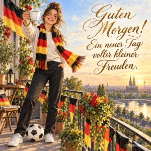 Junge Frau mit Fanschal hebt ihre Kaffeetasse auf einem Balkon mit Fahnen, Text: Guten Morgen! Ein neuer Tag voller kleiner Freuden.